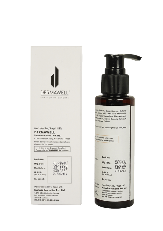 DERMAWELL Crafted By Experts Salicylic Acid + AHA Facewash | Gentle Exfoliation | Helps Reduce Acne | Removes Excess Oil & Impurities | For Oily/Acne - Prone Skin (Pack Of 1, 100ml)