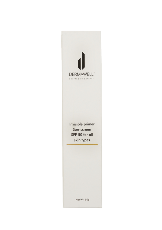 DERMAWELL Crafted By Experts Invisible Primer Sun-screen SPF 50 | B3 FREE | Non - Sticky | Lightweight | Zero White Cast | For All Skin Types (Pack Of 1, 50gram)