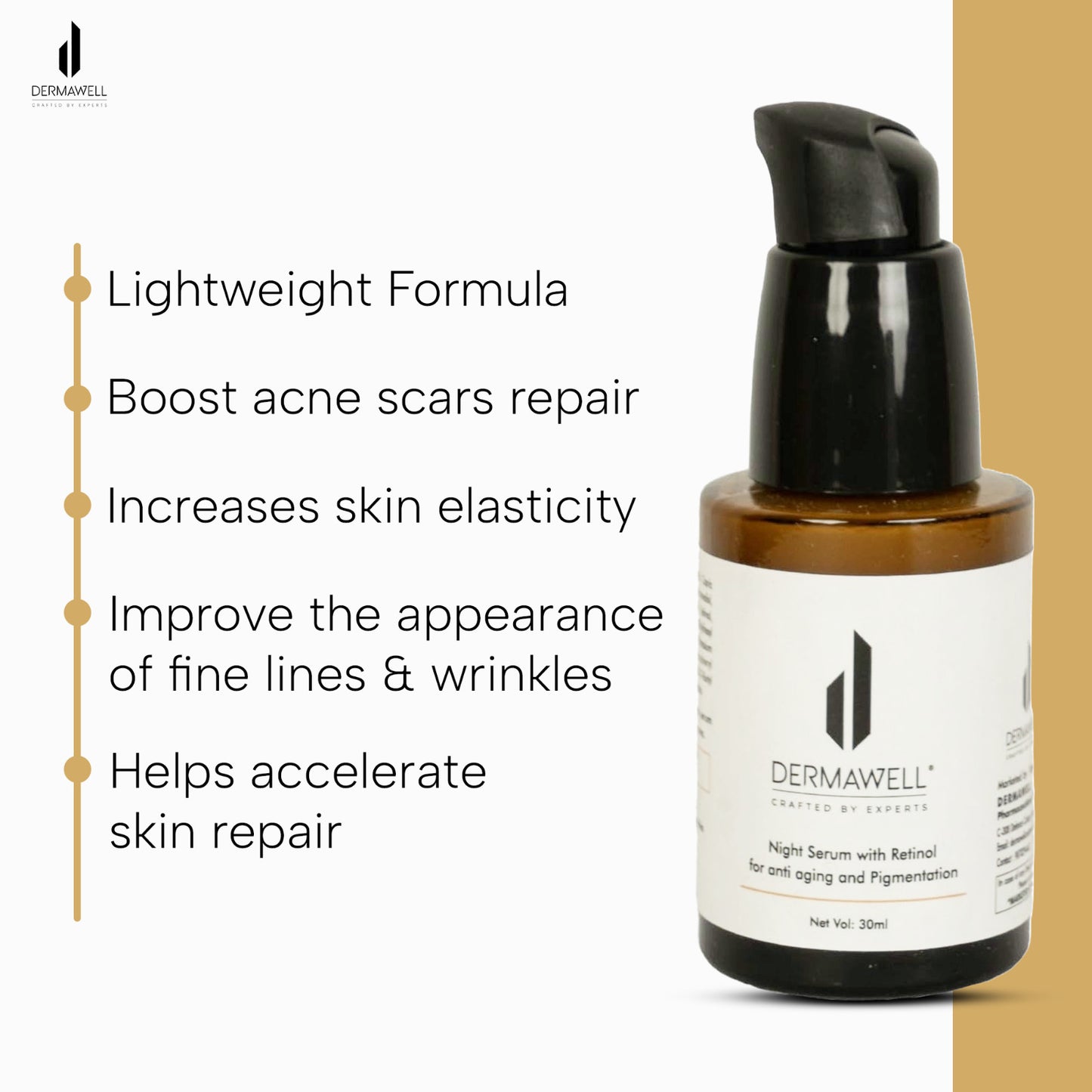 DERMAWELL Crafted By Experts Night Serum With Retinol For Anti Aging And Pigmentation | Helps Improve Skin Tone | For Unisex (Pack Of 1, 30ml)