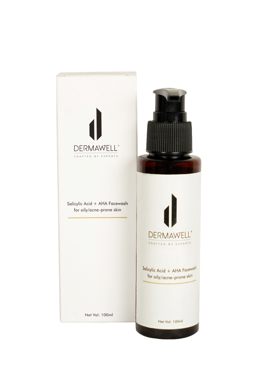 DERMAWELL Crafted By Experts Salicylic Acid + AHA Facewash | Gentle Exfoliation | Helps Reduce Acne | Removes Excess Oil & Impurities | For Oily/Acne - Prone Skin (Pack Of 1, 100ml)