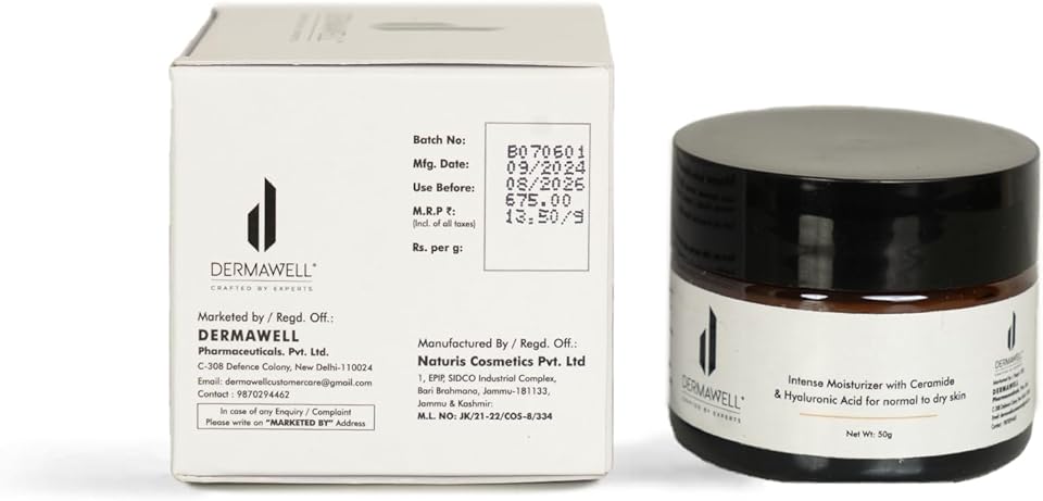 DERMAWELL Crafted By Experts Intense Moisturizer With Ceramide & Hyaluronic Acid | Helps Improve Skin Tone | For Normal To Dry Skin (Pack Of 1, 50gram)